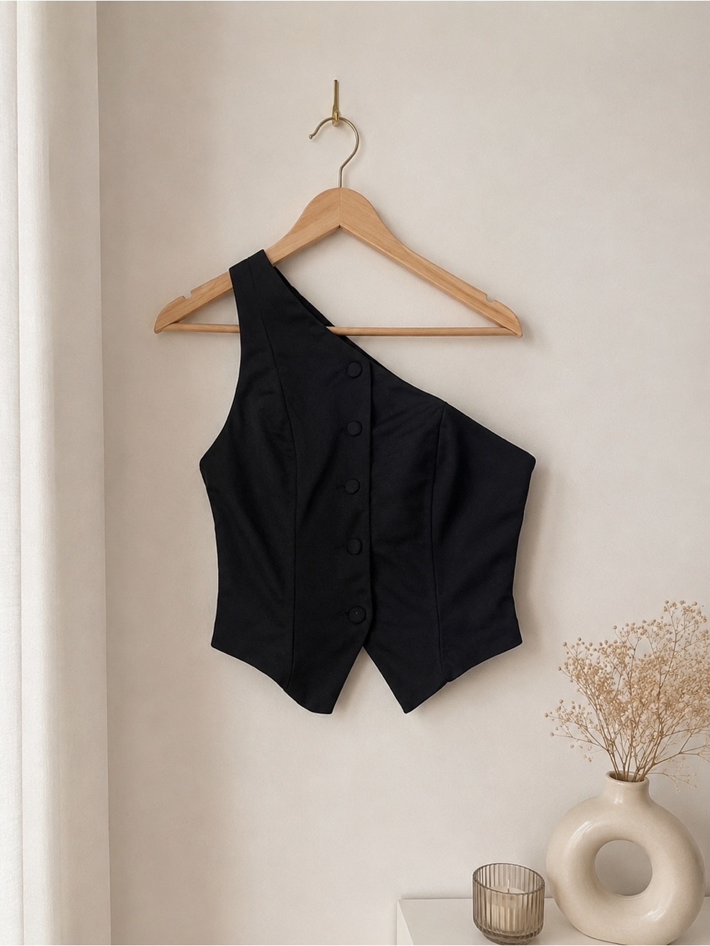 Asymmetric One-Shoulder Black Waistcoat